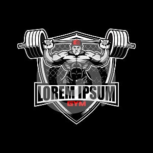 Bodybuilder man character with barbell weightlifting vector badge logo template