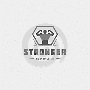 Bodybuilder man logo or badge vector illustration male bodybuilding symbol silhouette