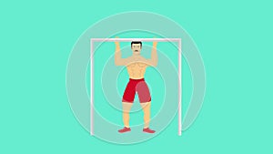Bodybuilder man with mustache doing pull-up exercise 4K animation. Man wearing a red boxer pant and doing regular workout animated
