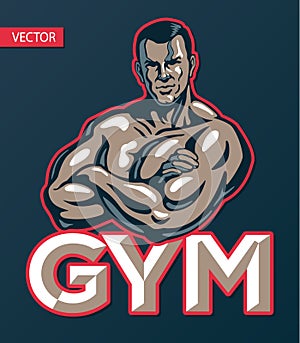 Bodybuilder man posing, gym sport club logo design template, print or poster. Vector illustration