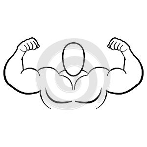 Bodybuilder muscle flex arms vector illustration. Strong macho biceps gym flexing hand vector icon isolated on white