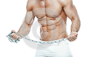 Bodybuilder posing. Beautiful sporty guy male power. Fitness muscled manin white lingerie. on isolated white background