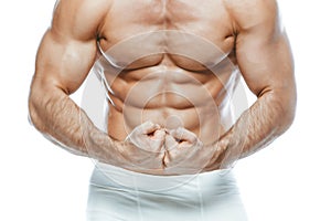 Bodybuilder posing. Beautiful sporty guy male power. Fitness muscled manin white lingerie. on isolated white background.