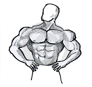 Bodybuilder is a pumped up athlete. Happy guy is an athlete. Template for a portrait of a man. Ink drawing.