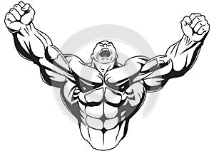 Bodybuilder raises muscular arms and screams