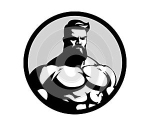 Bodybuilder silhouette illustration. Gym logo. Muscle fitness. Workout