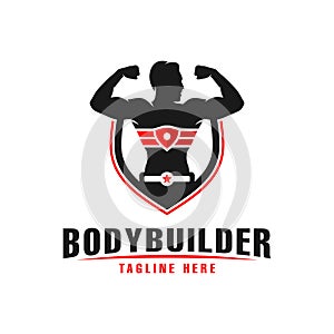 Bodybuilder sports shield logo design