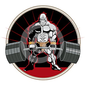 Bodybuilder. Strong ape. Mascot. Rod. Barbell. Vector image.