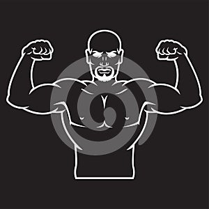 Bodybuilder strong man. Outline silhouette. Design element. Vector illustration isolated on black background. Template for books,