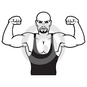 Bodybuilder strong man. Outline silhouette. Design element. Vector illustration isolated on white background. Template for books,