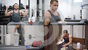 Bodybuilder is training at gym and drinking protein shake, collaged shot