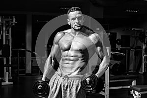 Bodybuilder training in gym with dumbbells. Sportsman with naked torso. Sporty workout. Athletic body.