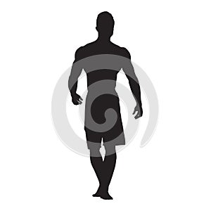 Bodybuilder walking, front view vector silhouette. Psychique fit