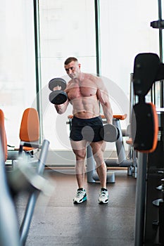 Bodybuilder at well-equipped gym lifting heavy dumbbells.