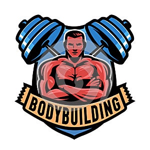 Bodybuilding emblem. Muscular strong bodybuilder and barbell. Gym logo or badge vector illustration