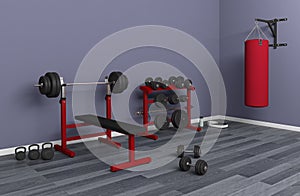 Bodybuilding gym bench with dumbbell rack dumbbells punching bag kettlebell weight lifting