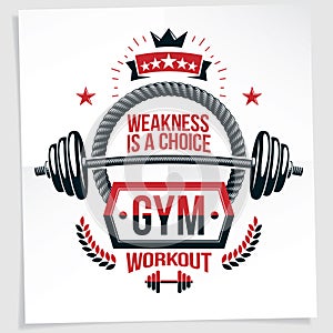 Bodybuilding motivation poster composed with barbell sport equip