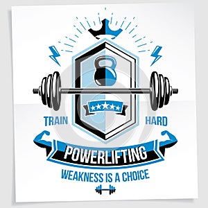 Bodybuilding motivation poster composed with barbell sport equipment and other graphic vector elements.