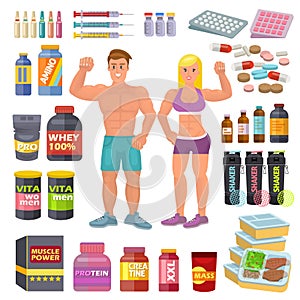 Bodybuilding sport food vector bodybuilders supplement proteine power and fitness diet nutrition for bodybuild workout