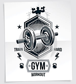 Bodybuilding vector motivation poster created with disc weight dumbbell, kettle-bell sport equipment and sportsman body silhouette