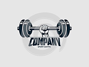 Bodybuiling logo inspiration silhouettes of hand lifting barbell or dumbbell icon. a classic design of healthy man, strength,