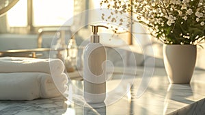 Bodycare, luxury lotions, in-home spa experiences. Luxury Bodycare Lotion in a Sunlit Bathroom. Premium bodycare lotion