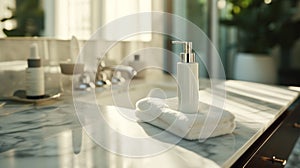 Bodycare, luxury lotions, in-home spa experiences. Luxury Bodycare Lotion in a Sunlit Bathroom. Premium bodycare lotion