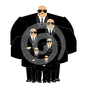 Bodyguard family. Black suit and hands-free. Security man. Protection and professional teamwork. Strong guard at nightclub.