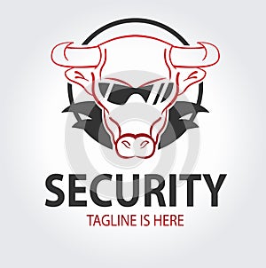 Bodyguard or safeguard logo concept with bull in sunglasses. Security company icon. Wild protection concept