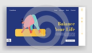 Bodypositive and Healthy Lifestyle Website Landing Page. Overweight Girl Stand on Mat in Yoga Asana