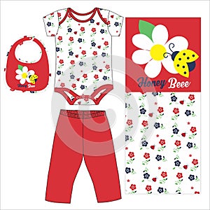 bodysuit with pant flower hey bee print vector