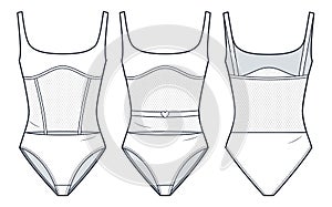 Bodysuit technical fashion illustration. Swimsuit fashion flat technical drawing template, square neck, mesh, slim fit