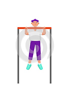 Bodyweight concept. Strong young fit man is doing pull up or chin up hanging on horizontal bar