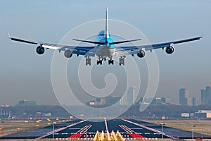 Boeing 747 airplane about to touchdown