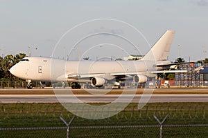 Boeing 747 cargo freighter plane taxing at Miami Airport