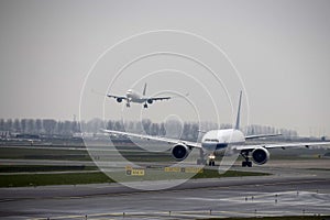 Boeing 747 about to touchdown at Amsterdam Schiphol airport