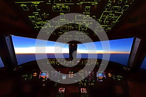 Boeing 777 Cockpit, Flying over over Pacific sea, Pilots were performing their work during sunrise over Japan airspace