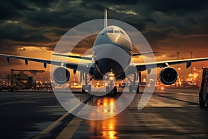 Boeing airplane landing at an airport at sunset.