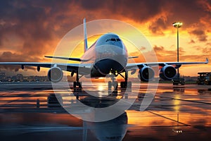 Boeing airplane landing at an airport at sunset.