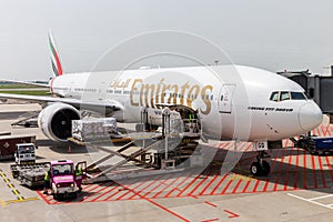 Boeing 777-300 ER Emirates Airlines at Warsaw Chopin Airport WAW.