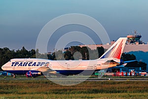 Boeing 747-400 Transaero Airlines parking on apron