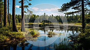 Bog Of A Lake: Serene Pine Forest Scene With Delicately Rendered Landscapes