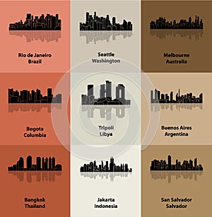 Bogota, Buenos Aires, Jakarta, Salvador, Melbourne, Bangkok, Seattle, Tripoli, Rio de Janeiro (Set of 9 city silhouette) photo