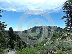 Bogus Basin Ski area from Mores Mountain Loop cumulus clouds wide angle summer horizontal