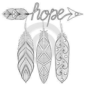 Bohemian Arrow, Hand drawn Amulet with letters Hope, with feather. Decorative Arrows for adult coloring pages, ethnic patterned t photo