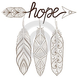 Bohemian Arrow, Hand drawn Amulet, letters Hope with henna feathers. Decorative Arrows for adult coloring pages, ethnic patterned