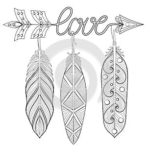 Bohemian Arrow, Hand drawn Amulet wih word Love and feathers.