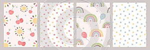 Bohemian baby seamless pattern with rainbow, star, heart, cute sun and cherry