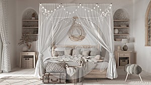 Bohemian bedroom with canopy bed in white and beige tones. Parquet and ethnic carpets. Rattan and bleached wooden furniture. Boho