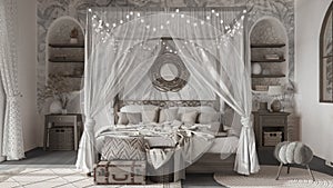 Bohemian bedroom with canopy bed in white and dark tones. Parquet, natural wallpaper and ethnic carpets. Rattan and wooden